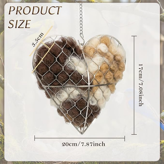 Handmade Alpaca Fiber Bird Nesting Heart - Refillable Heart Shape with Nesting Material, Winter Shelter for Wild Birds & Hummingbirds, Garden Decor Gift for Bird Lovers (1 Set)