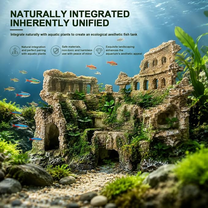 Antique Roman Column Ruins Aquarium Decor, Greek Aquarium Decorations, European Castle&Underground Roman Column Fish Tank Cave, Large Rock Cave Hideout, Safe for Freshwater & Saltwater Tanks