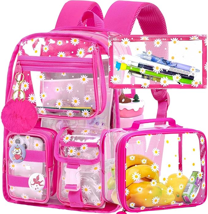 CCJPX 3Pcs Clear Backpack for Girls, School Transparent Bookbag, Heavy Duty See Through Backpacks for Teens Elementary