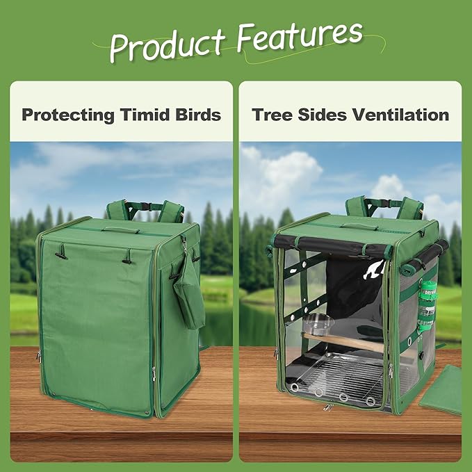Bird Carrier Travel Cage, Cockatoo Carrier, Parrot Travel Backpack with Unbreakable Stainless Steel Mesh, Perch, Water Bottle and Food Bowl, X-Large Green