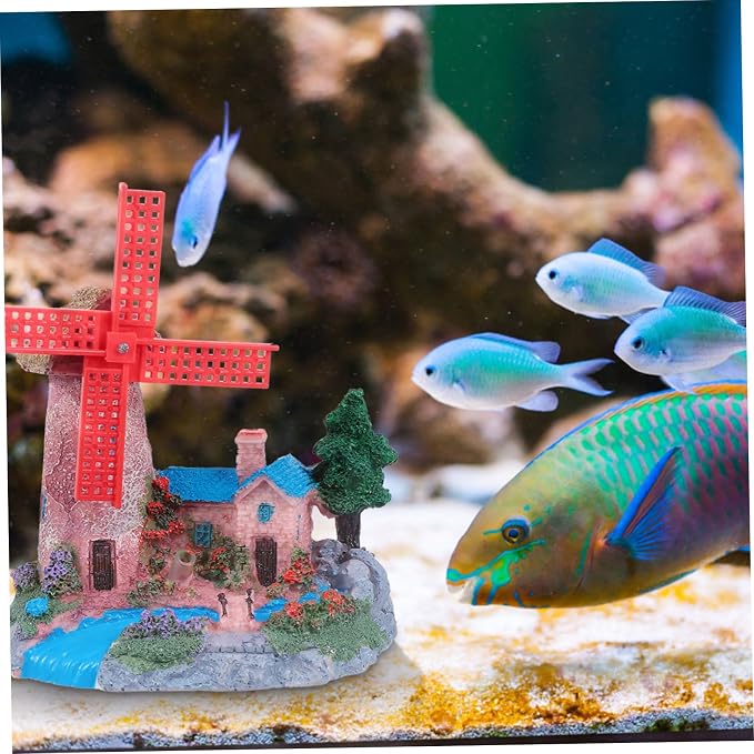 FOMIYES Fish Tank Windmill Ornament Home Decoration Fish Tank for Betta Fish Castle Aquarium Ornament Fish Hiding Cave Lizard Hideout Cinnamon Sticks Leopard Print Beard Resin, 12x7cm