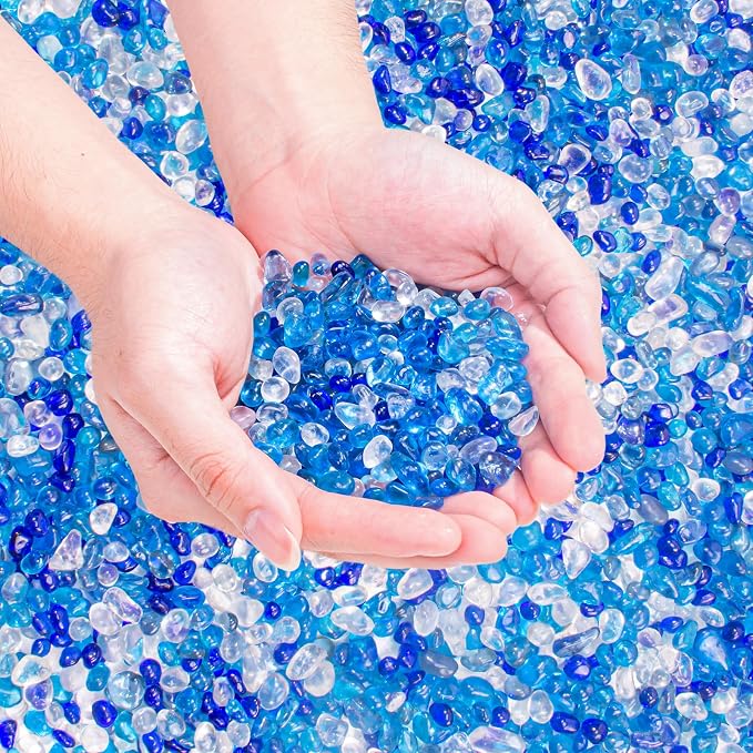 Keedolla 2 lbs/900g Blue Mix Aquarium Glass Pebbles Stones Fish Tank Rocks Gravel, Aquarium Rocks Glass Gems Stones for Crafts, Vase Fillers, Garden, Succulent Plants Decor