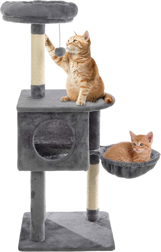 47” Tall Cat Tree Tower - Cat Tower with Hammock, Napping Perches, Kitten Condo, 2 Rope Scratching Posts, and Hanging Toy - Multi-Level Kitten Tree and Climbing Activity Furniture by PETMAKER (Gray)