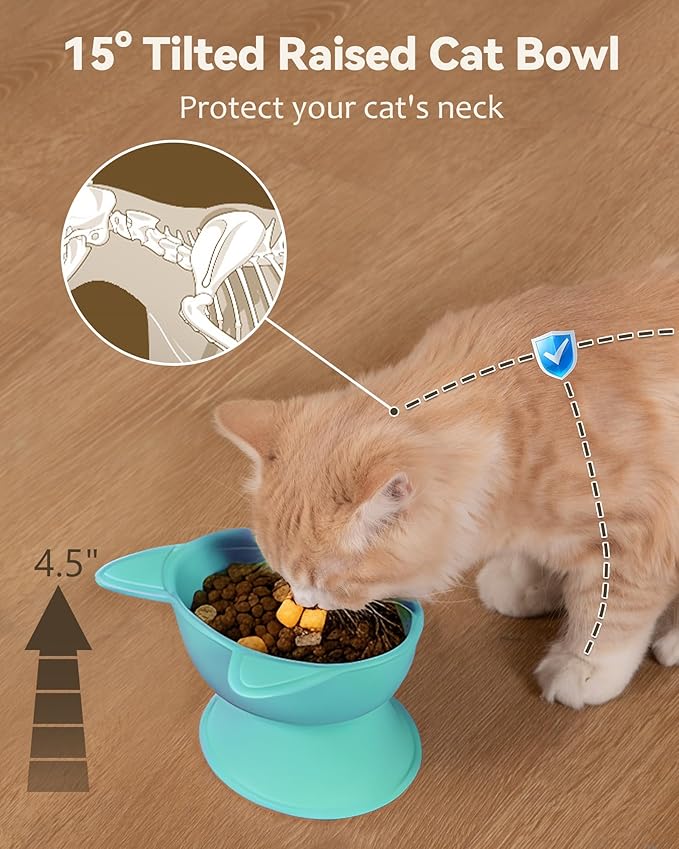 MateeyLife Raised Cat Bowls, Cat Food Bowl Elevated for Kittens & Small Dogs, 15°Tilted Protect Pets' Neck and Anti Vomiting, Whisker Friendly Food & Water Feeding Bowl, 6 oz Each - Green