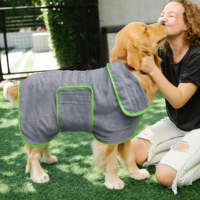 Soft Dog Bathrobe Fast Drying Dog Coat, Super Absorbent Dog Towels for After Bath, Microfiber Pet Robe Adjustable Collar & Belly Warm Keeping Dogs Coat for Pet Dogs & Cats (Grey, X-Large)