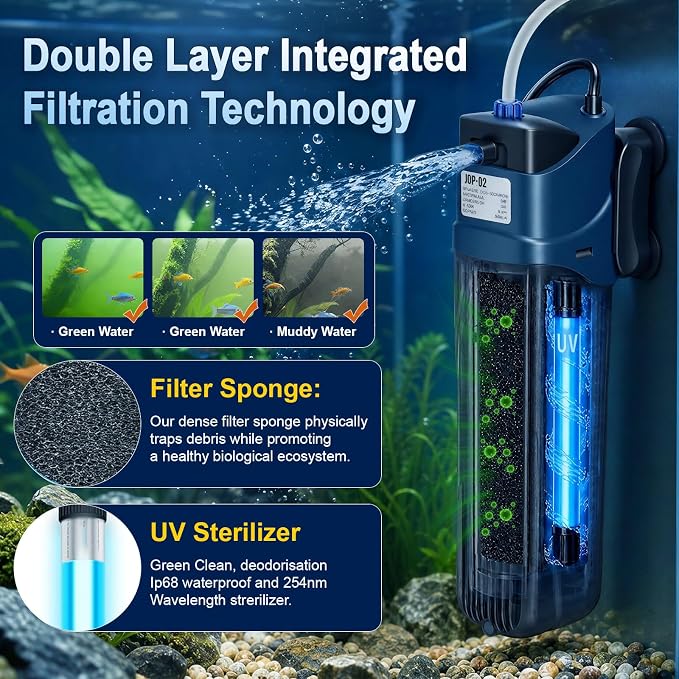 132GPH Fish Tank Filter Aquarium Green Clean Submersible Machine, U-V for Aquarium for 10-60 Gal Tank