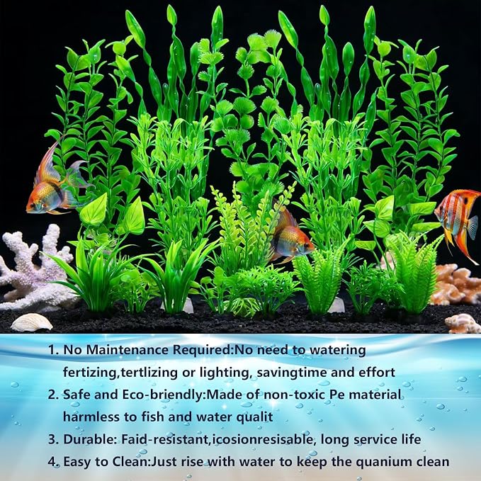 Artificial Aquarium Plants Set, Plastic Fish Tank Decorations, Fish Tank Decor for Betta Goldfish (18pcs-Green)