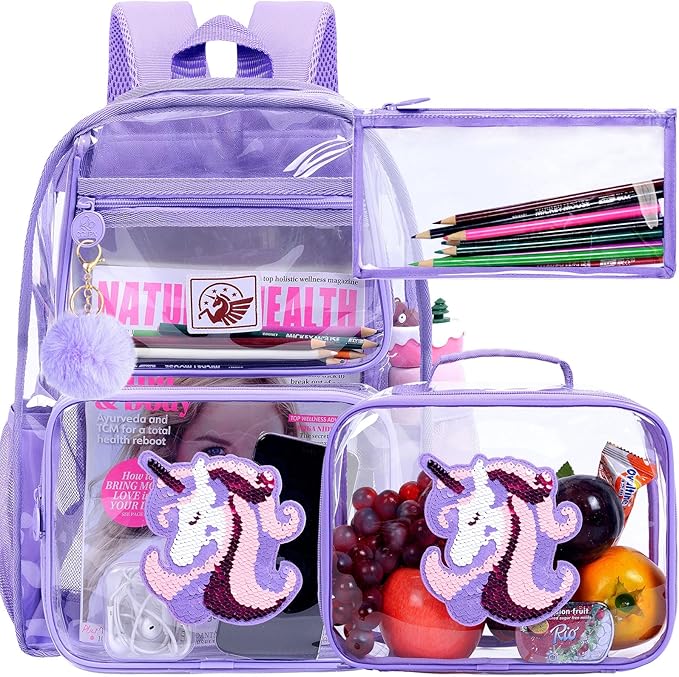 Clear Backpack for Girls and Boys, Kids Transparent Bookbag, 3PCS Cute See Through School Bag for Elementary Prechool