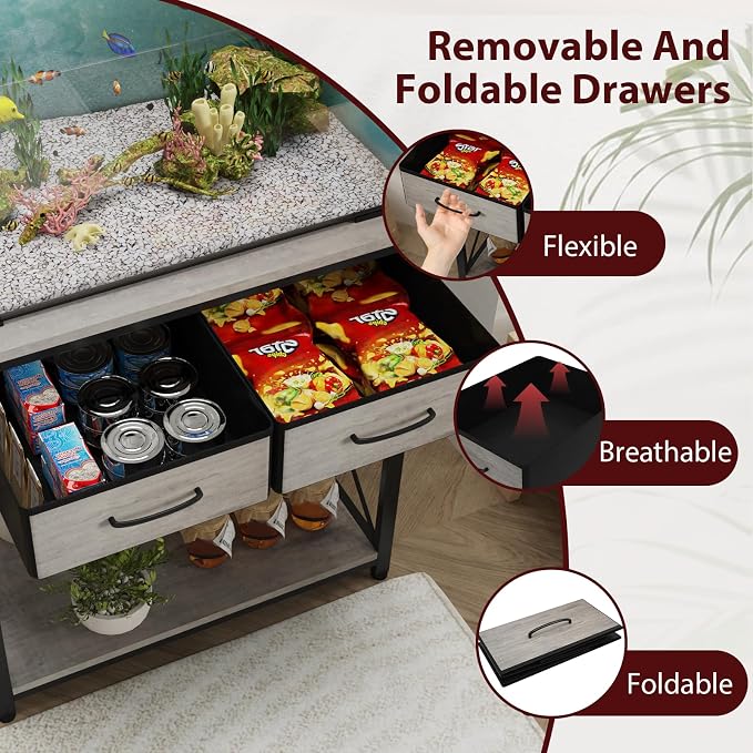 20-29-37 Gallon Fish Tank Stand with Power Outlets and 2 Drawers, Grey | Heavy duty metal frame holds up to 400 pounds with a lower shelf for a second aquarium, turtle tank or reptile terrarium