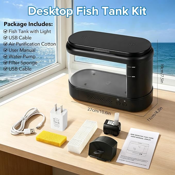 Betta Fish Tank 0.7 Gallon Acrylic Small Aquarium Kit Black | with Water Filter Pump & LED Light,Quiet Office Desktop Fish Bowl for Small Fish,Plants and Shrimp