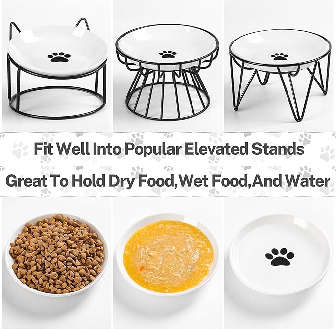 Cat Food Bowls, Whisker Friendly Ceramic Cats Bowls with Nonslip Silicone Bottom, Pack of 3 Quiet Dishes and Plates for Feeding Indoor Cats, Kittens and Small Dogs(Cat Paw,Shallower)