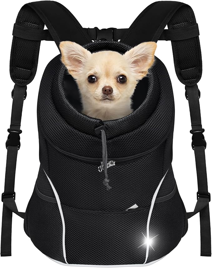 YUDODO 4-8lbs Dog Front Carrier Backpack, Adjustable Breathable Pet Carrier for Small Dogs, Ventilated Puppy Back Pack with Safety Belt, Lightweight Doggy Backpack for Hiking Outdoor (Jet Black, M)