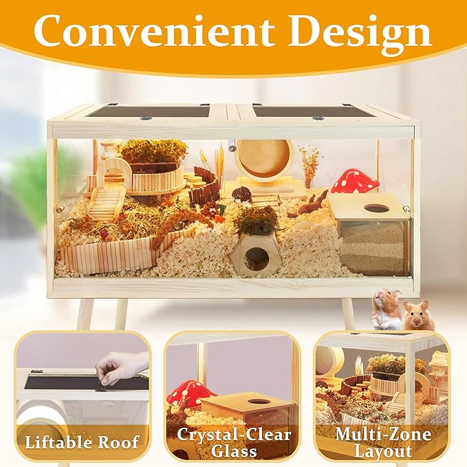 PROLEE Hamster Cage Chewproof, Mice and Rat Habitat with Transparent Sides, Hamster Cage with Openable Mesh Top, Solid Built with Lock Design and Leg Stand, 32" Long