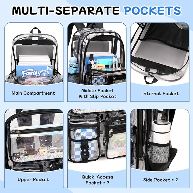MOONBABY Clear Backpack for Girls, Clear Bookbag Heavy Duty Transparent Backpack for Stadium Events, See Through Back Pack for Kindergarten Elementary Middle High School, Black