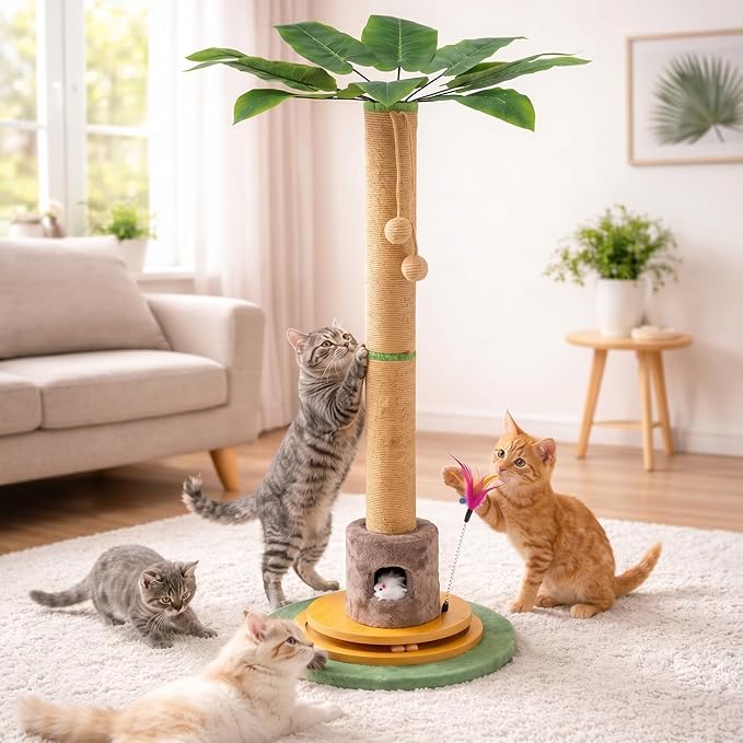 Nuanchu 45in Tall Cat Scratching Post for Indoor Cats Adults, Scratcher Tree Tower with Sisal Rope, Large Cats Scratching Posts with Hanging Ball for Kittens and Medium Large Pet