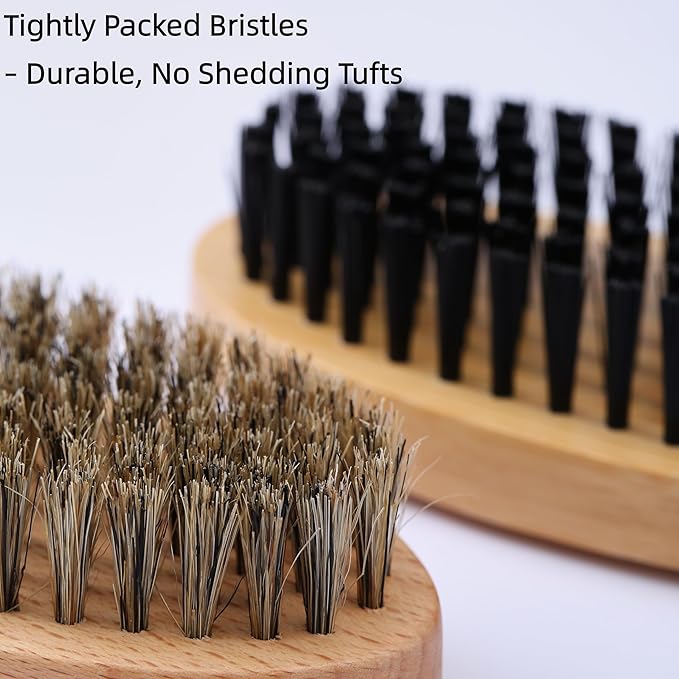 Goat Brushes for Grooming 2 Pack, Wooden Livestock Brush Set for Goats, Sheep, Calves, Horses, Dogs and Pigs, Soft Boar Bristle and Firm Nylon Body Brushes for Shedding, Face and Leg Care
