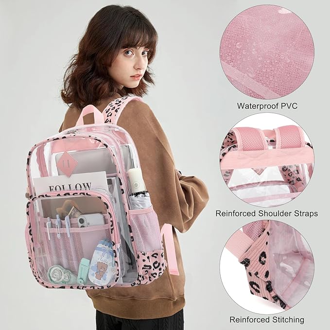 Clear Backpack for Girls Women School Bookbag Heavy Duty Transparent Backpacks (Pink Corduroy Leopard)