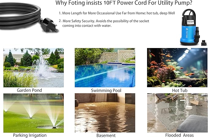 FOTING Sump Pump 1HP Clean/Dirty Submersible Water Pump,4600GPH Utility Pump Thermoplastic Electric Portable Transfer Water Pump for Swimming Pool Pond Basement with 10ft Power Cord,Manual