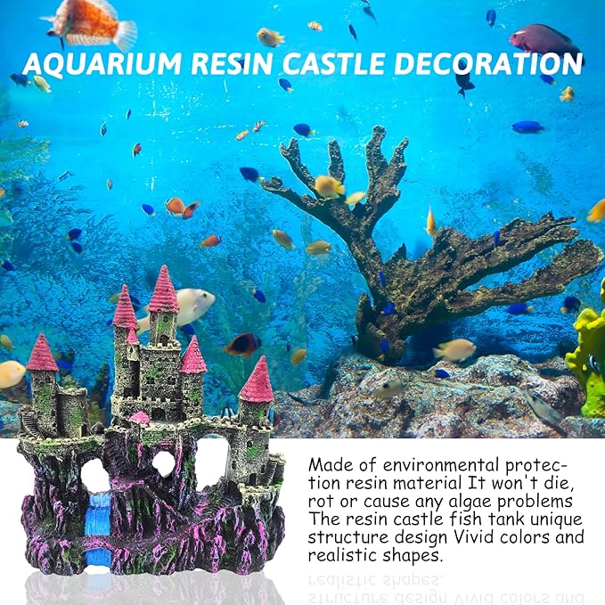 PINVNBY Aquarium Resin Castle Decoration,Fish Tank Driftwood Castle Cave Hideouts House Plants Supplies Accessories(Pink)