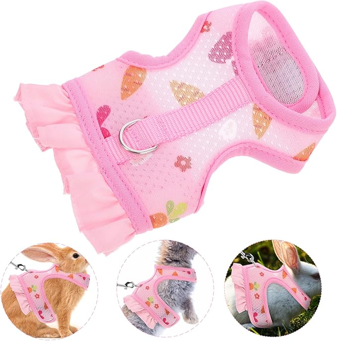 Adjustable Small Pet Harness Leash Set, Breathable Mesh Bunny Vest Harness with Wear-Resistant Leash, Pink S Size for Outdoor Rabbit and Guinea Pig Walking