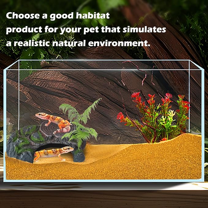 Resin Reptile Hide Cave,Leopard Gecko Cave Hideout Reptiles Habitat Tree Stump Decor Lizard Tank Climbing Ramp Basking Platform Accessories for Gecko Hermit Crab Small Turtle Frog Spider Scorpion