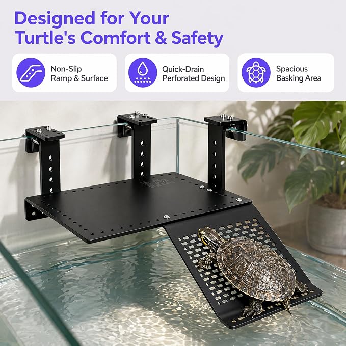 Turtle Basking Platform, Adjustable, Acrylic, Non-Slip Ramp, 0.3"–2" Rim | Heat-resistant acrylic, stable non-fall basking platform, adjustable height, fits 0.3–2" rims, draining anti-slip ramp