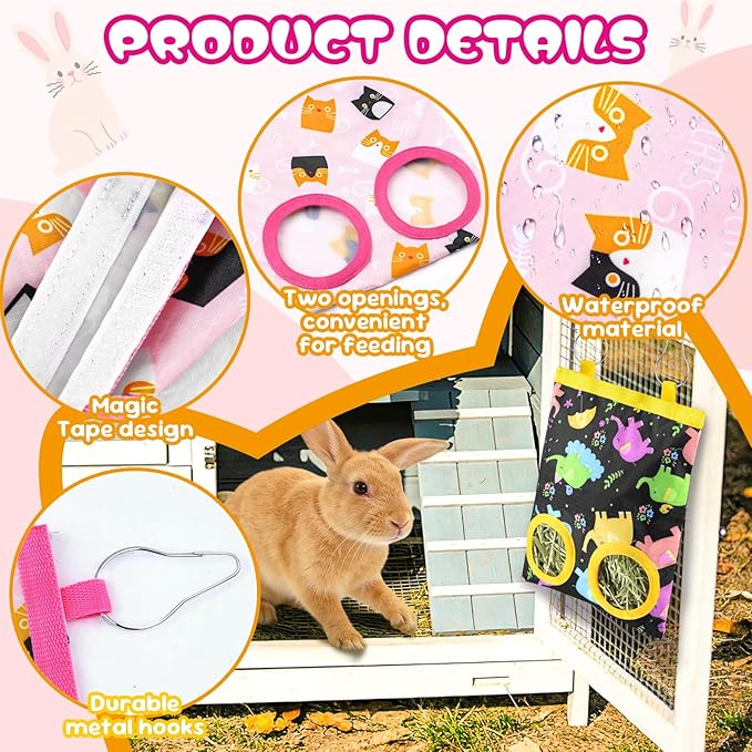 2 Pack Rabbits Hay Feeder Bag, 2 Holes Hanging Bunny Hay Feeder Guinea Pig Feeding Bag Storage Dispenser for Bunny Rabbits Chinchillas Hamsters Small Pets and Animals
