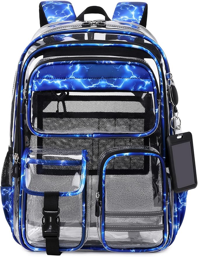 Clear Backpack for School,Transparent Backpack Stadium Events,Heavy Duty Clear Bookbag for Girls,Boys,Work,Sport Blue Lightning