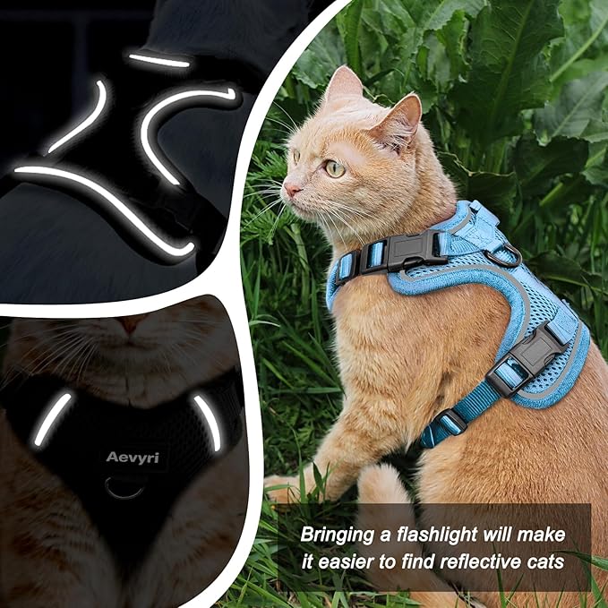 Cat Harness and Leash for Walking, The Upgrade Can be Adjusted in Four Directions and Breathable Cat Harness for Anti Escape that can be Fitted and Positioned, Reflective Strips Harness, Blue, M