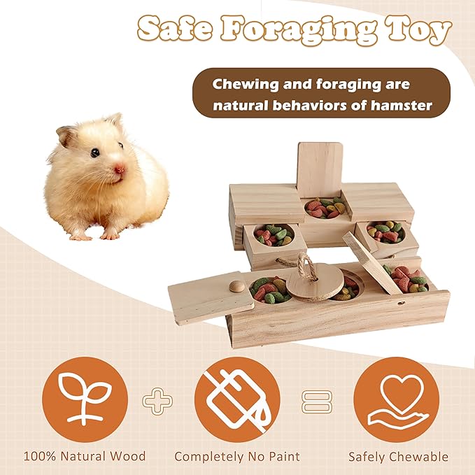 2 PCS Wooden Foraging Toys for Guinea Pigs, Hamsters & Chinchillas, Small Pet Puzzle Feeder with Drawers and Ropes, Natural Wood Chew Enrichment Activity Toy
