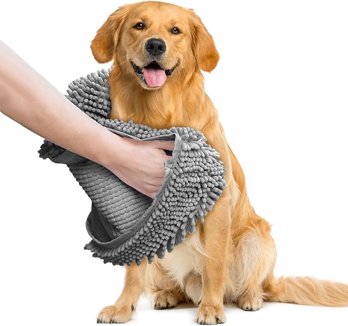Muddy Mat Doggy Dryer, Highly Absorbent Microfiber Washable Dog Shammy Quick Drying Towel Absorber - Extra Soft Plush Wrap Chenille Bath Towels to Dry Soggy Large Pets & Small Puppy-Grey 13"x31"