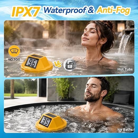 Pool Thermometer Swimming Floating | Digital Water Thermometer Sensor | Solar Powered | Easy Read | Anti-Fog, for Hot Tub, Spa & Ice Bath