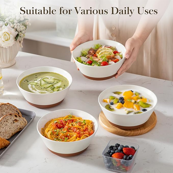 MALACASA Soup Bowls, Ceramic Salad Bowls Set of 4, 36oz Ceramic Bowls for Ramen, Cereal, Fruit and Pho, Microwave & Dishwasher Safe, Speckled Deep Bowls, Vanilla White & Brown