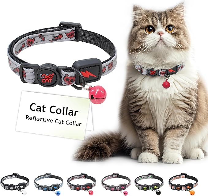 DOCO Cat Collar Breakaway Safety Buckle with Bell | Reflective Red Adjustable Nylon Collar for Kittens & Adult Cats | Comfortable & Safe for Girls & Boys | Neck 3/8" x 7.5-12",Weight Up to 13lb