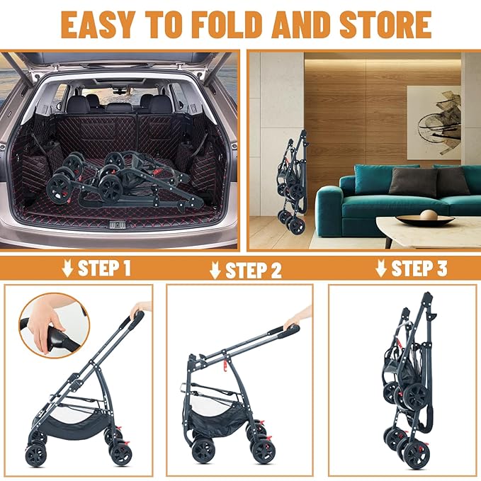 3-in-1 Pet Dog Stroller, Dog Wagon with Removable Carrier, Cat Stroller for Medium Dogs Up to 55lbs (Black)