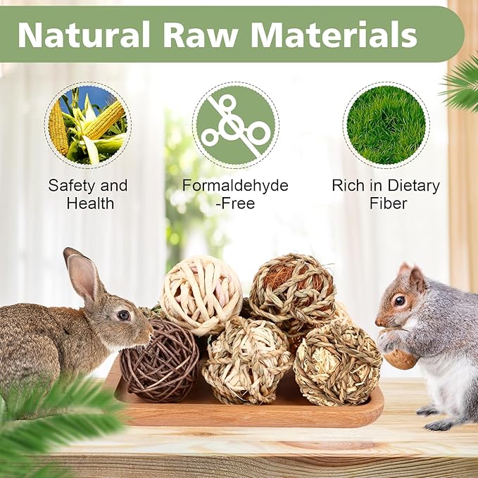 VESPRO Bunny Chew Grass Balls, Rolling Chew Toys for Small Animals, Natural Chew Grass Toys and Bunny Treats for Rabbits, Guinea Pigs, Chinchillas, Hamsters, Mice Teeth Grinding (8 Pcs)