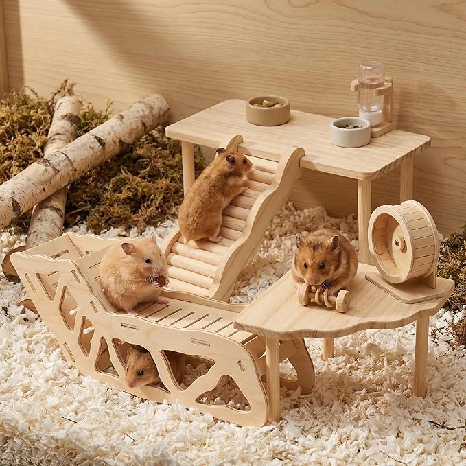4 Pcs Hamster Platform Wooden Tunnel Ladder Hidden Play House Hamster Game Climbing Toy with Platform, Decor Toy cage Accessories for Dwarf Syrian Mice Degus Gerbils Squirrel and Other Small Pets