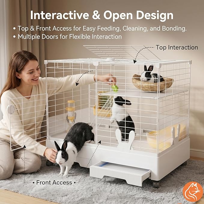 Oneluck Rabbit Cage Indoor,Loft Bunny Hutch with Urine-Proof Wall,Leak-Proof Trays, Wheels 28.7" L x 18.1" W x 25.6" H for Rabbits Chinchillas, Guinea Pig and Small Animal (Small)