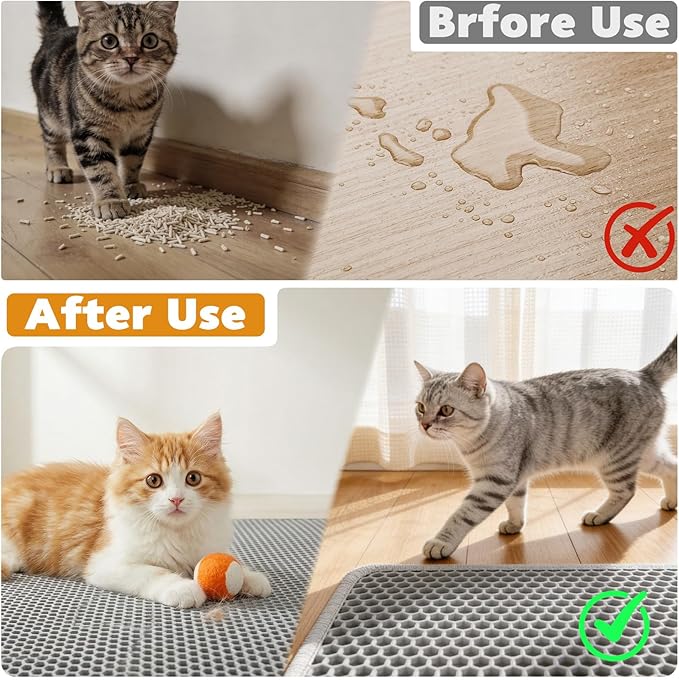 Cat Litter Mat, Honeycomb Double Layer Waterproof & Urine Resistant Non-Slip Litter Trapping, Easy Clean Washable Scatter Control for Litter Box (Gray, 24x15 Inch)