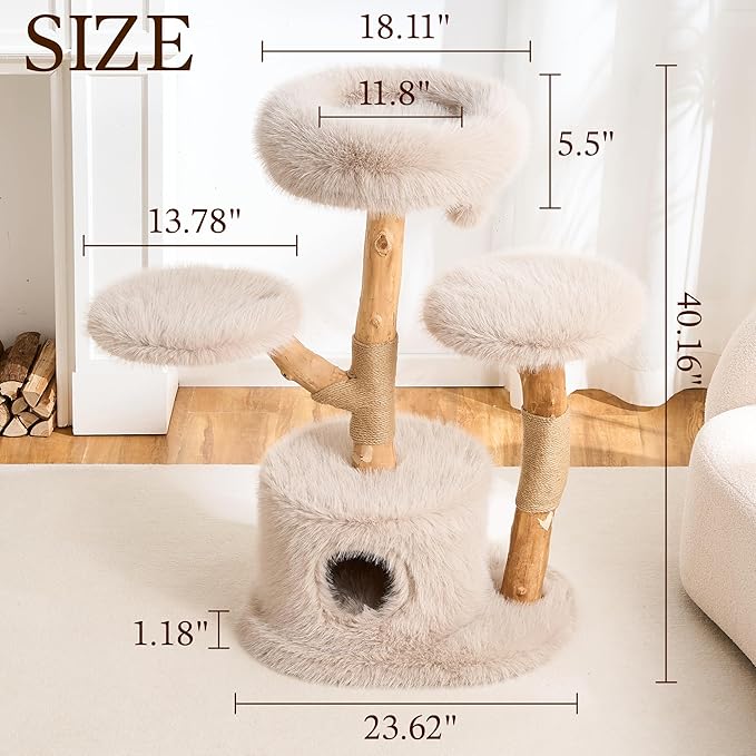HITTITE Natural Wood Cat Tree Tower with Scratching Post, 40 Inches Tall Modern Cat Tower with Cozy Bed and Condo, Luxury Real Branch Cat Tree for Indoor Cats Large Adult, Khaki.