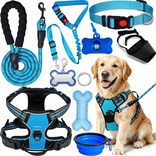 No Pull Dog Harness Adjustable Collar & Leash Set - Dog Halter Harnesses Collapsible Bowls & Poop Bag Dispenser Muzzle ID Tags Toys Fits Small Medium Large Dogs (Blue-L)
