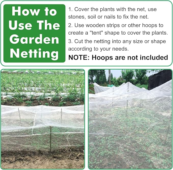 Unves 10x12ft Garden Netting, Bird Mesh Mosquito Netting, Row Covers Bird Net Barrier Screen Protect Fruits Crops, White Plant Cover Garden Mesh for Raised Beds Covers from Bugs Insect