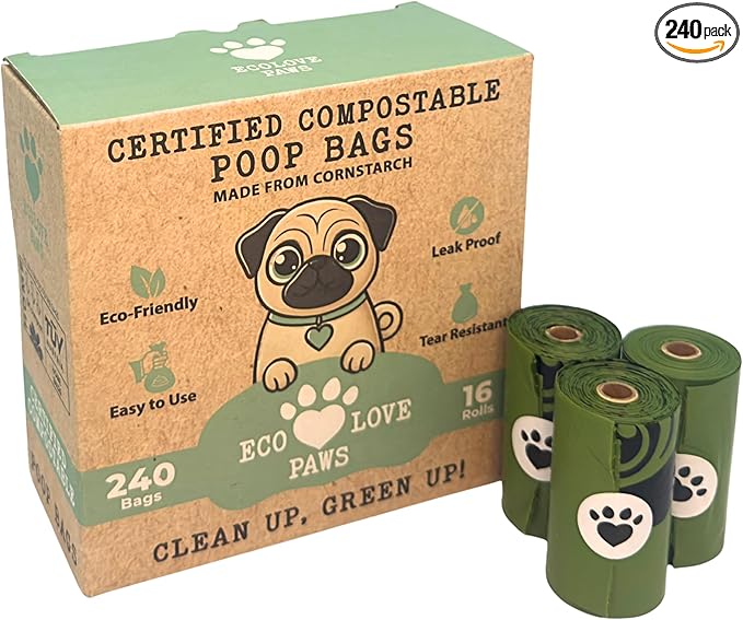 100% Certified Home Compostable Dog Poop Bags, Extra Thick, Plant-Based, Plastic-Free, Unscented, 240 Bags (16 Rolls), Leakproof & Easy Open