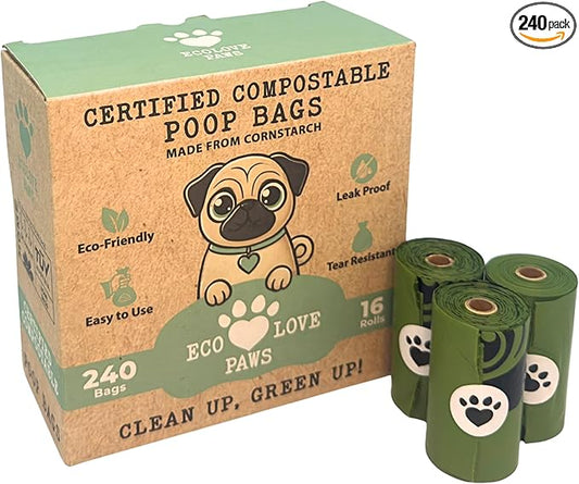 100% Certified Home Compostable Dog Poop Bags, Extra Thick, Plant-Based, Plastic-Free, Unscented, 240 Bags (16 Rolls), Leakproof & Easy Open