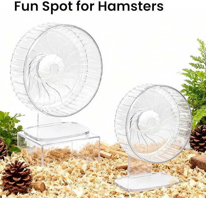 Silent Hamster Wheel, 8in Hamster Wheel with Adjustable Stand, Double-Bearing Quiet Spinner for Syrian Hamsters, Hedgehogs, Mice & Small Pets, Clear