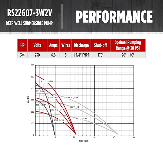Red Lion RS22G07-3W2V Submersible Well Pump, 3/4 HP, 3-Wire, 230V, 22 GPM | Fits 4" wells, Dependable performance for depths to 80', Steel case/ steel discharge, Control Box Sold Separately, 14942381