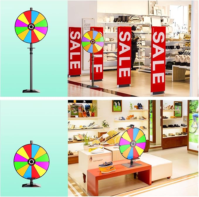 24" Prize Wheel - Dual Use Tabletop or Height Adjustable Floor Stand Heavy Duty Spinner Wheel of Fortune with 12 Slots & Dry Erase & Eraser for Carnival, Trade Show, Fortune Spinning Game