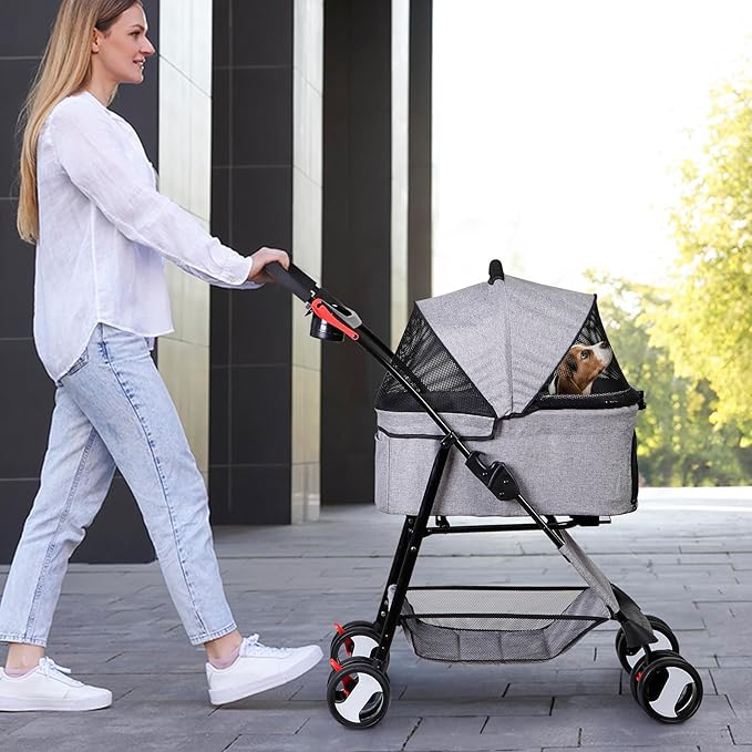 4 Wheels Dog Stroller with Detachable Carrier Folding Pet Strolling Cart for Small Medium Cats Puppies with Storage Basket Cup Holder, Gray