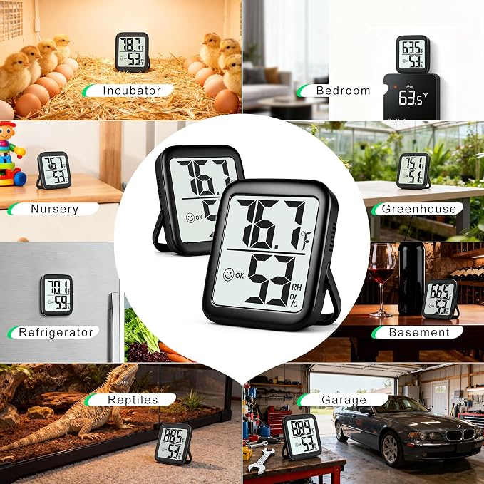 2 Pack Room Thermometer Indoor Hygrometer | Monitor Temperature & Humidity, Accurate, Fast Read, Easy To View, Magnetic/Kickstand/Hanging, ℉/℃, w/ Battery, Compact