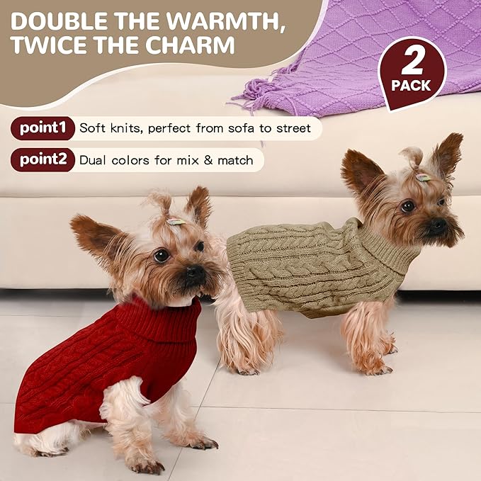 2 Pack Dog Sweaters for Small Dogs Winter Turtleneck Pullover Cable Knit Fleece Stretch Puppy Doggie Chihuahua Toy Poodle Yorkie Pomeranian Boy Girl Pet Clothes (S, Red & Brown)